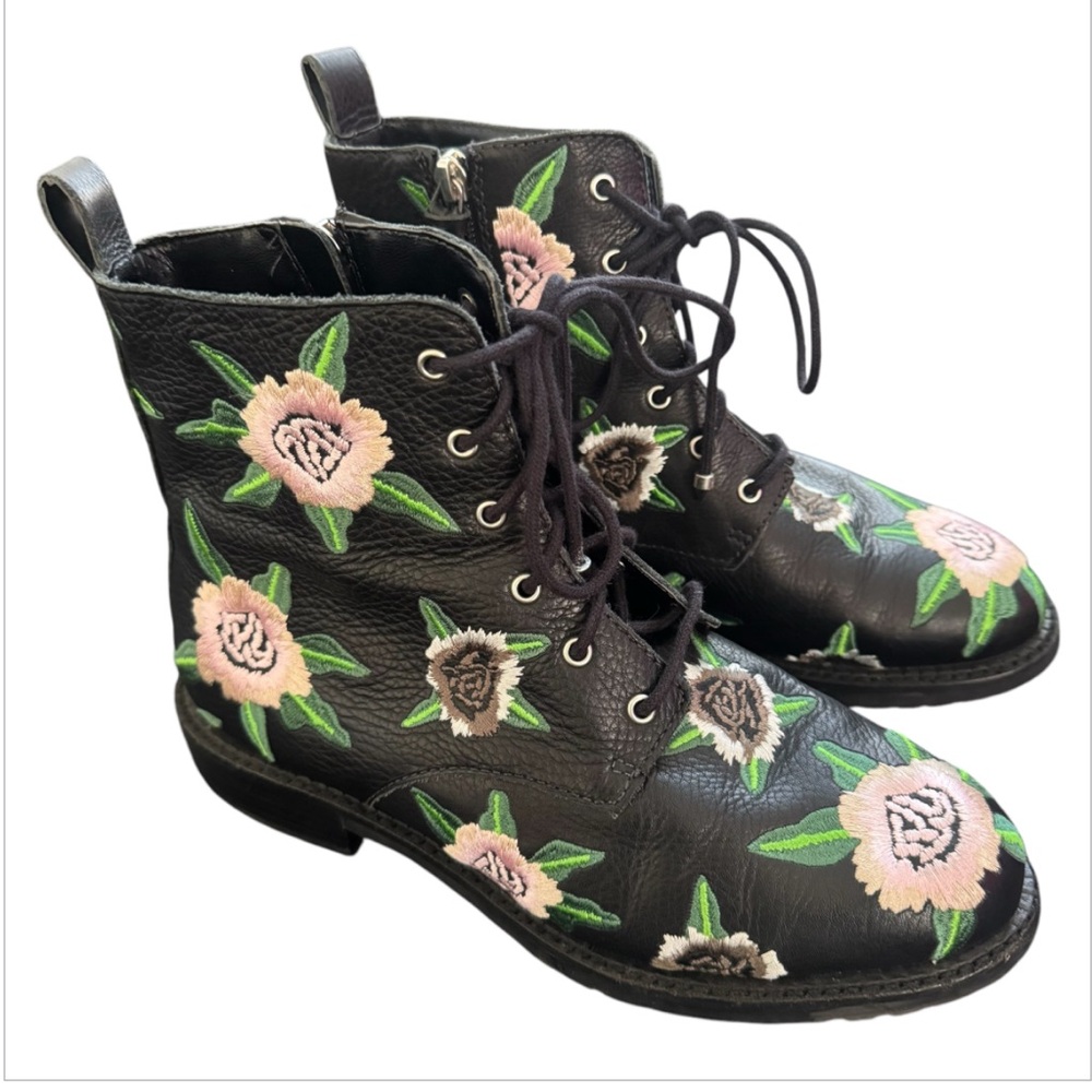 Rebecca Minkoff Women's Gerry Floral Embroidered Leather Combat Booties Size 8